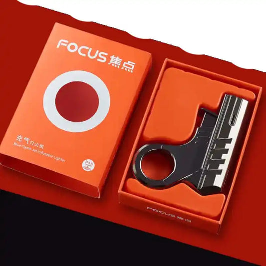 Orange packaging with a black gun shape lighter on a red background