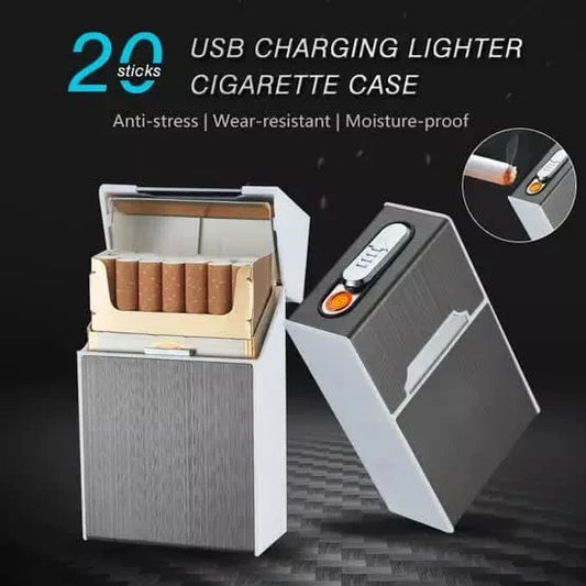 USB charging lighter cigarette case with 20 sticks on a dark background