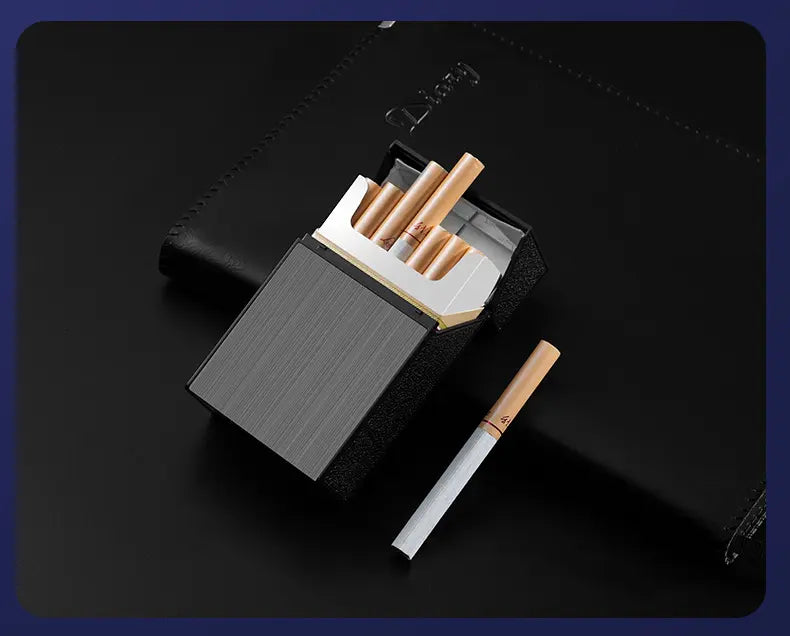 Black cigarette case with cigarettes on a dark background