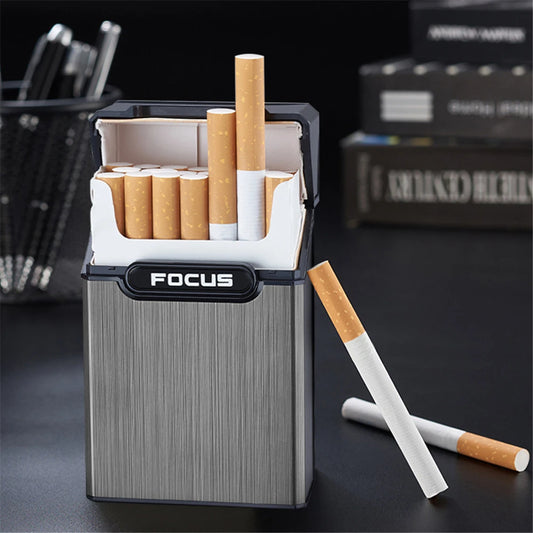 Focus YH078 Cigarette Case with cigarette showing inside and outsite on dark background 