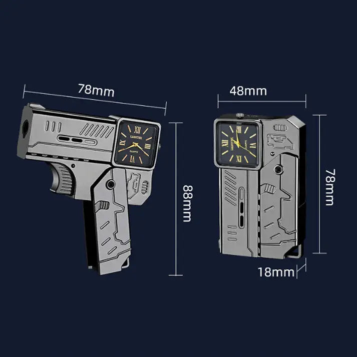 Gun-shaped Lighter and clock with measurement details on a dark background