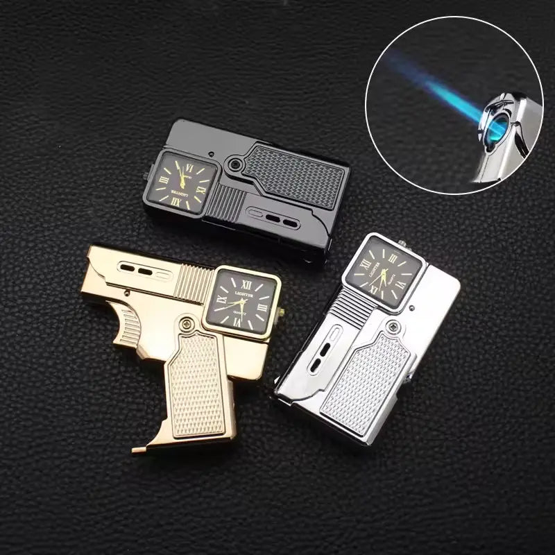 Three gun-shaped lighters in gold, black, and silver on a dark textured background.