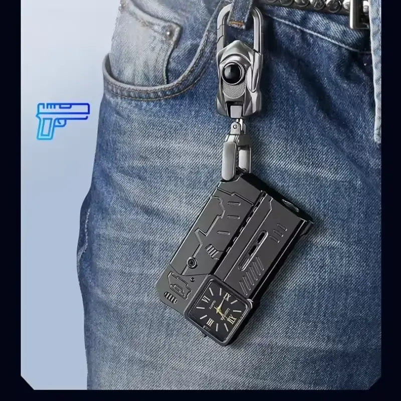 Keychain lighter with a folding gun design attached to blue jeans