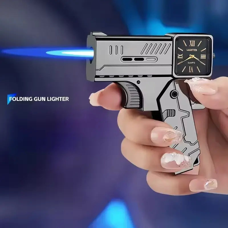 Folding gun lighter held in a hand with a blue Flame and effect on a dark background