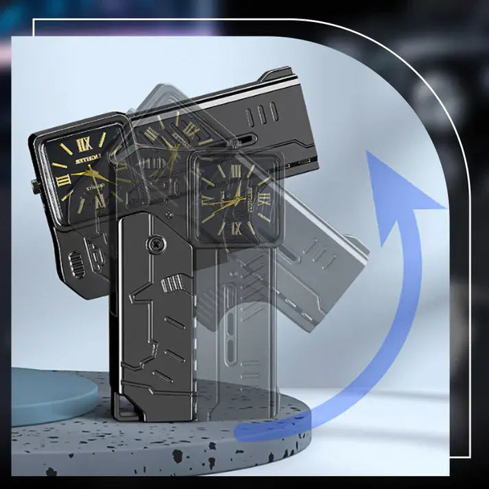 Mechanical design clock with transparent cover on a stand