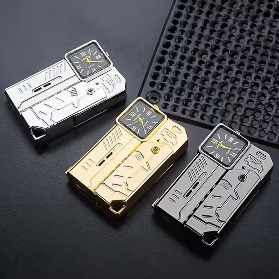 Three metallic lighters with clock faces on a textured black surface