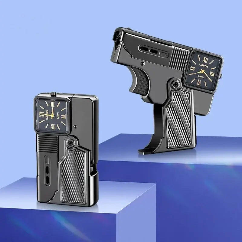 Two gun-shaped lighters on a blue and gray gradient background