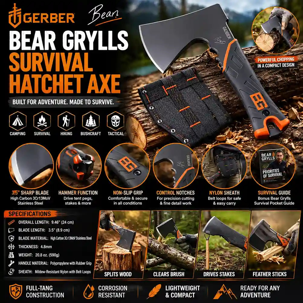 Gerber Bear Grylls Survival Hatchet Axe with features and specifications on a wooden background