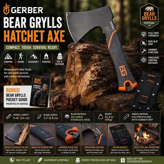 Gerber Bear Grylls Hatchet Axe with product details and features on a dark background