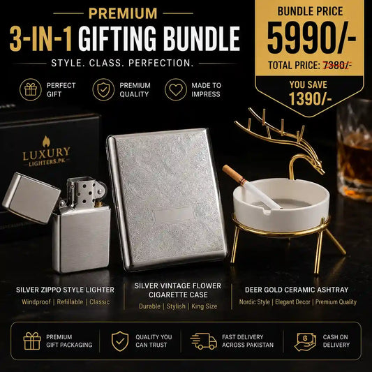 A promotional bundle display for a 3-in-1 gifting set from Luxury Lighters, featuring a silver windproof lighter, a silver vintage flower cigarette case, and a deer gold ceramic ashtray on a dark background with promotional text overlays.