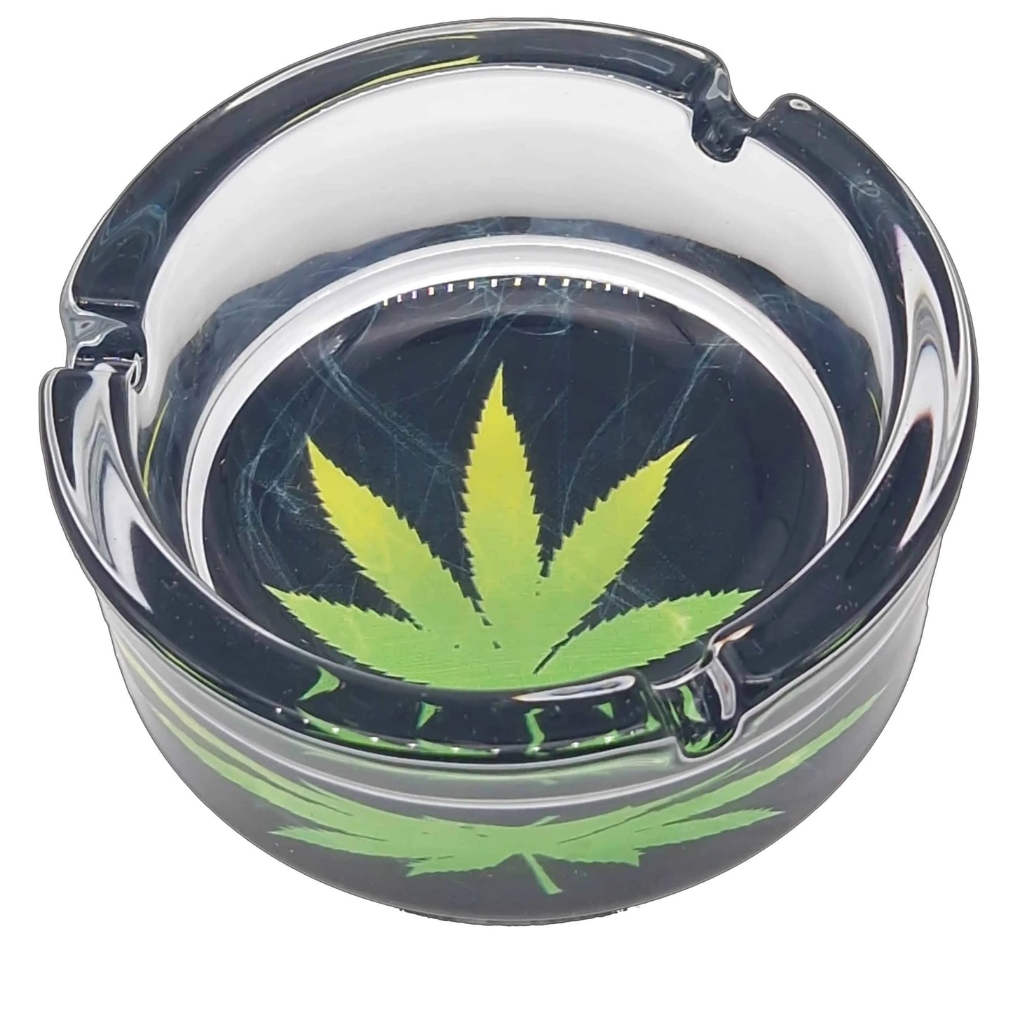 Clear ashtray with a green cannabis leaf design on a white background