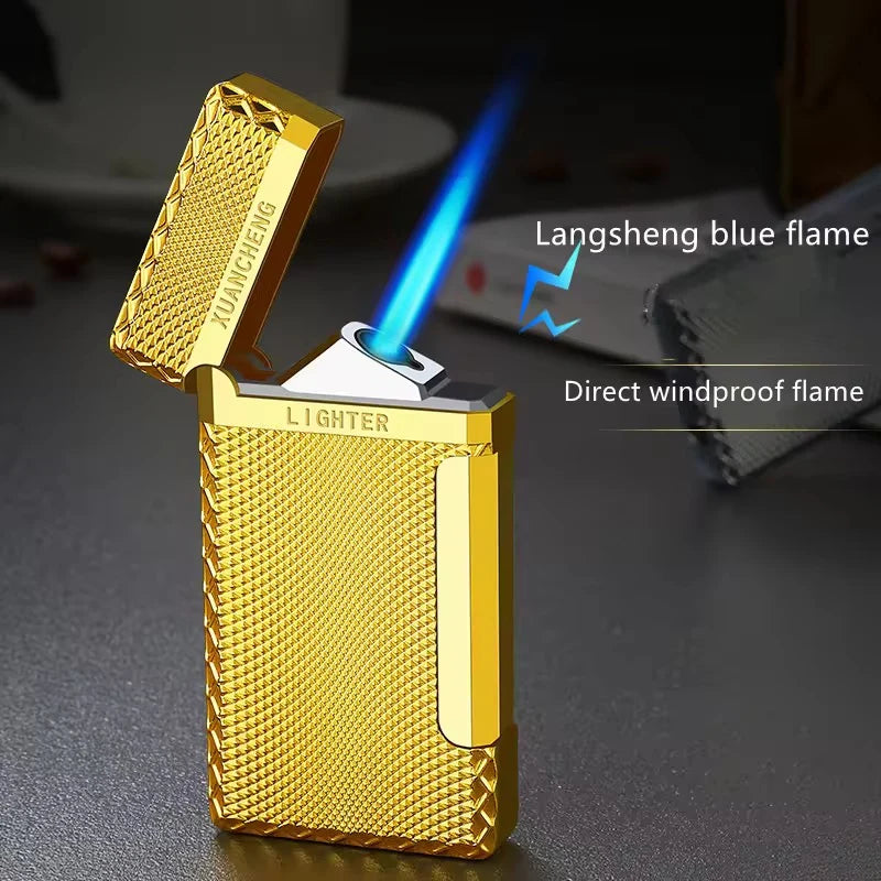 Gold lighter with blue flame on a dark background