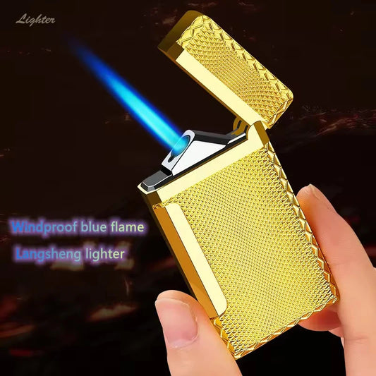 Gold lighter with blue flame being held, brand 'Langsheng' visible