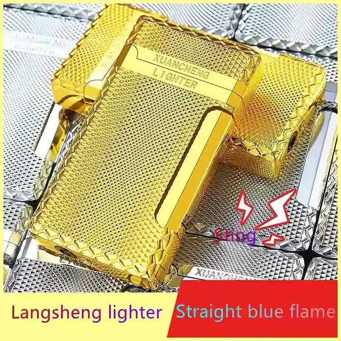 Gold lighter with blue flame being held, brand 'Langsheng' visible