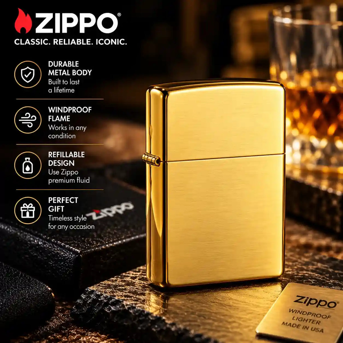 Golden Zippo Lighter – Classic Windproof Flip-Top | Premium Metal Finish | Buy in Pakistan