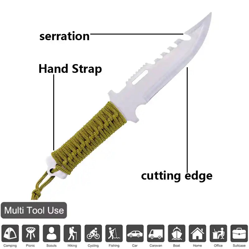 Knife with a hand strap labeled 'serration', 'hand strap', and 'cutting edge' on a white background.