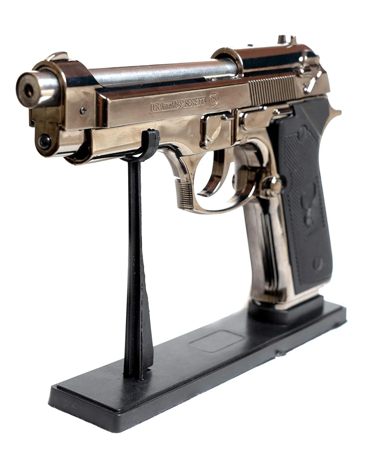 Decorative gun lighter model on a stand with a white background