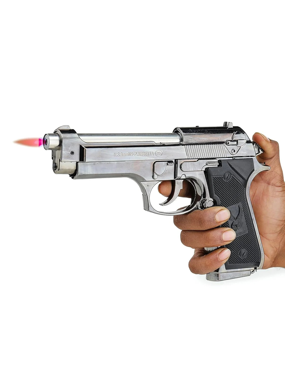 Hand holding a silver BB gun  lighter with a white background