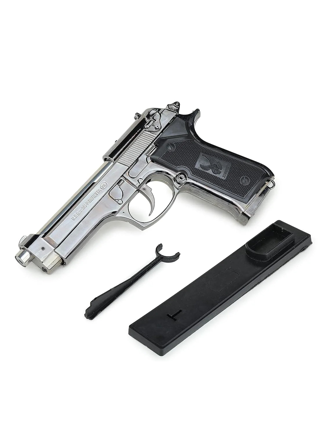 Silver gun lighter with black stand on a white background