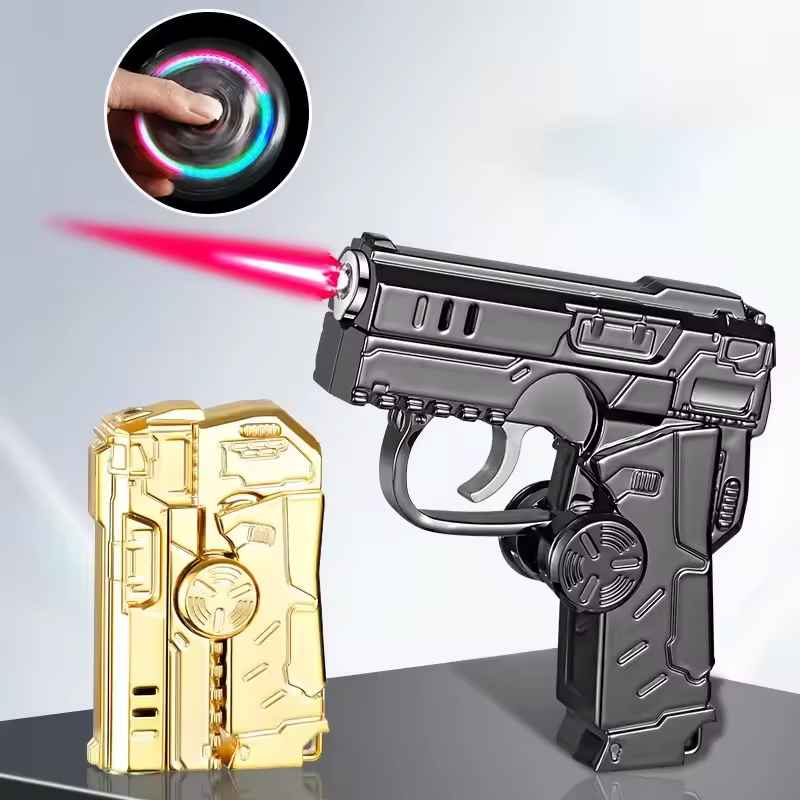 Toy gun with laser pointer and gold case on a gray background