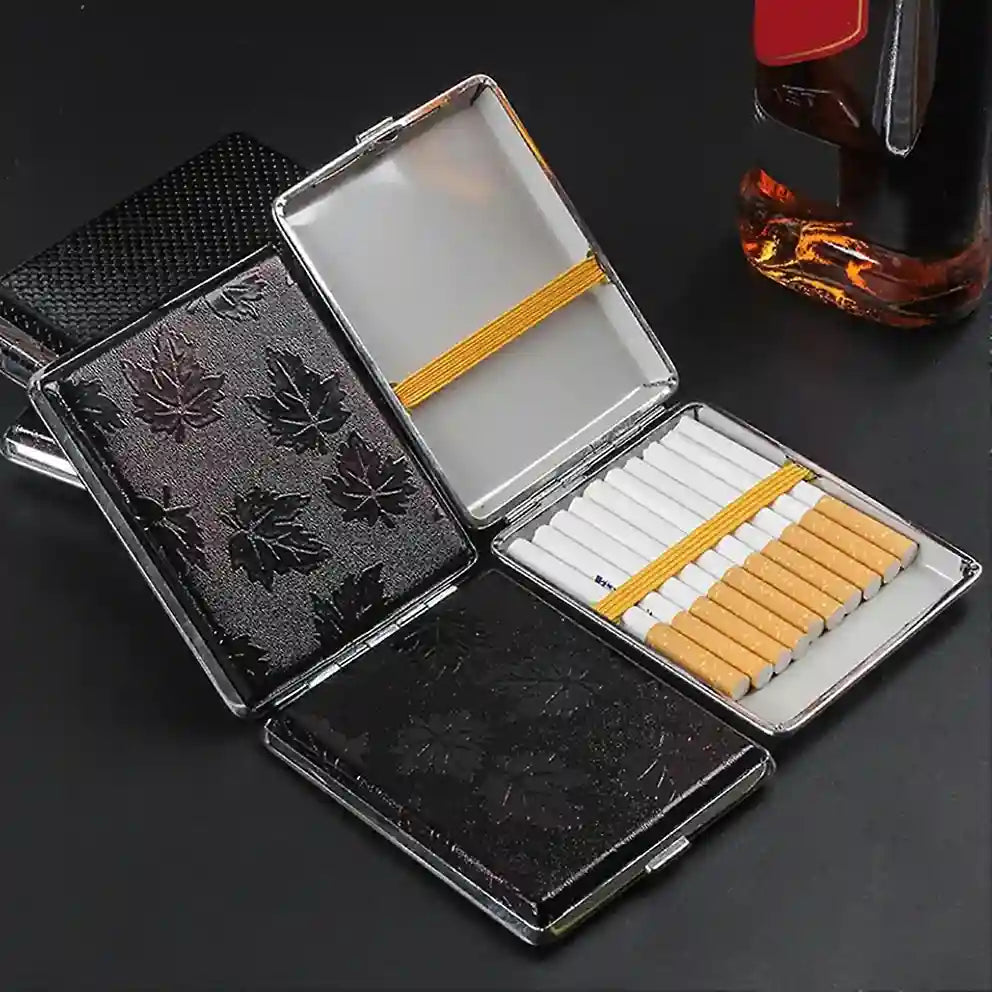 Set of black textured cig case on a white background