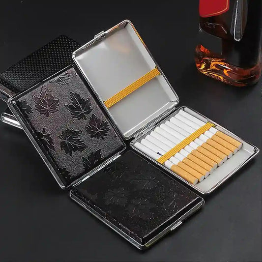 Set of black textured cig case on a white background