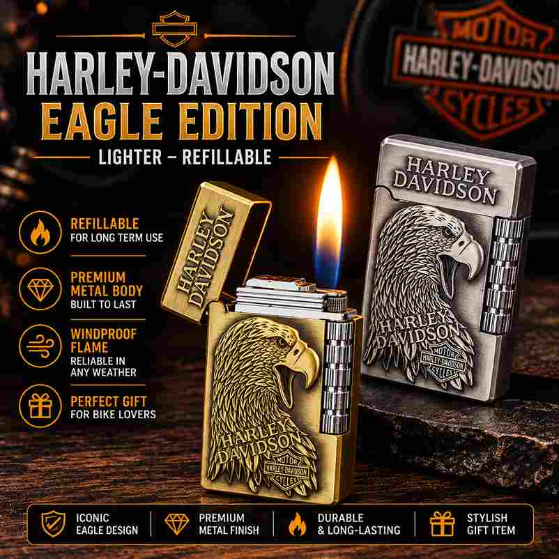 Harley-Davidson Eagle Edition refillable lighter shown in two finishes: a gold-toned version with a lit flame and a silver-toned version, both featuring an embossed eagle design and the Harley-Davidson logo. The image includes promotional text and icons highlighting product features on a dark, branded background.