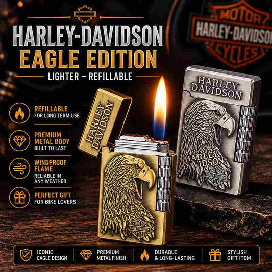 Harley-Davidson Eagle Edition refillable lighter shown in two finishes: a gold-toned version with a lit flame and a silver-toned version, both featuring an embossed eagle design and the Harley-Davidson logo. The image includes promotional text and icons highlighting product features on a dark, branded background.