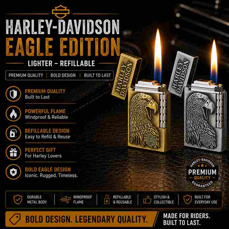 Two Harley-Davidson Eagle Edition refillable lighters displayed on a dark textured surface, one gold-toned and one silver-toned, both lit with flames. The background is black with promotional text and badges for premium quality and built-to-last design.