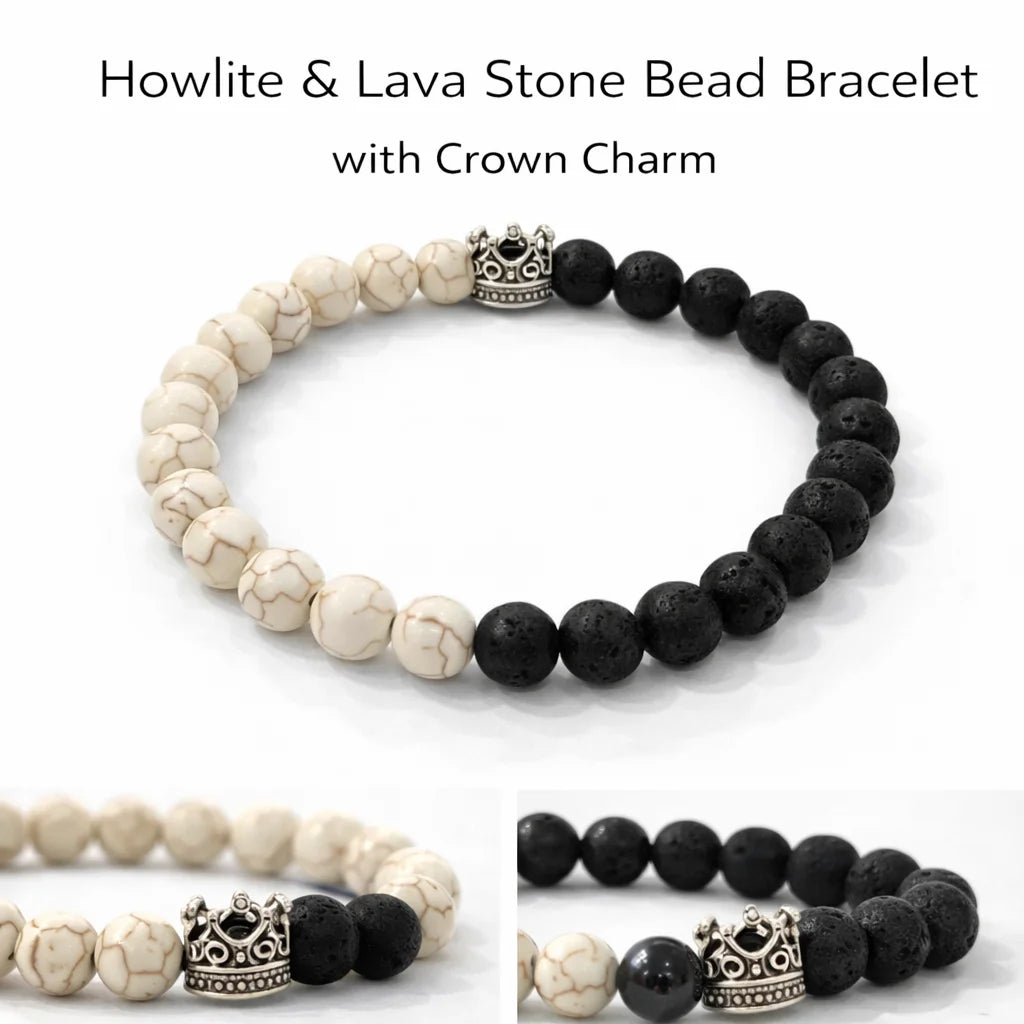 Howlite & Lava Stone Bead Bracelet with Crown Charm on a white background