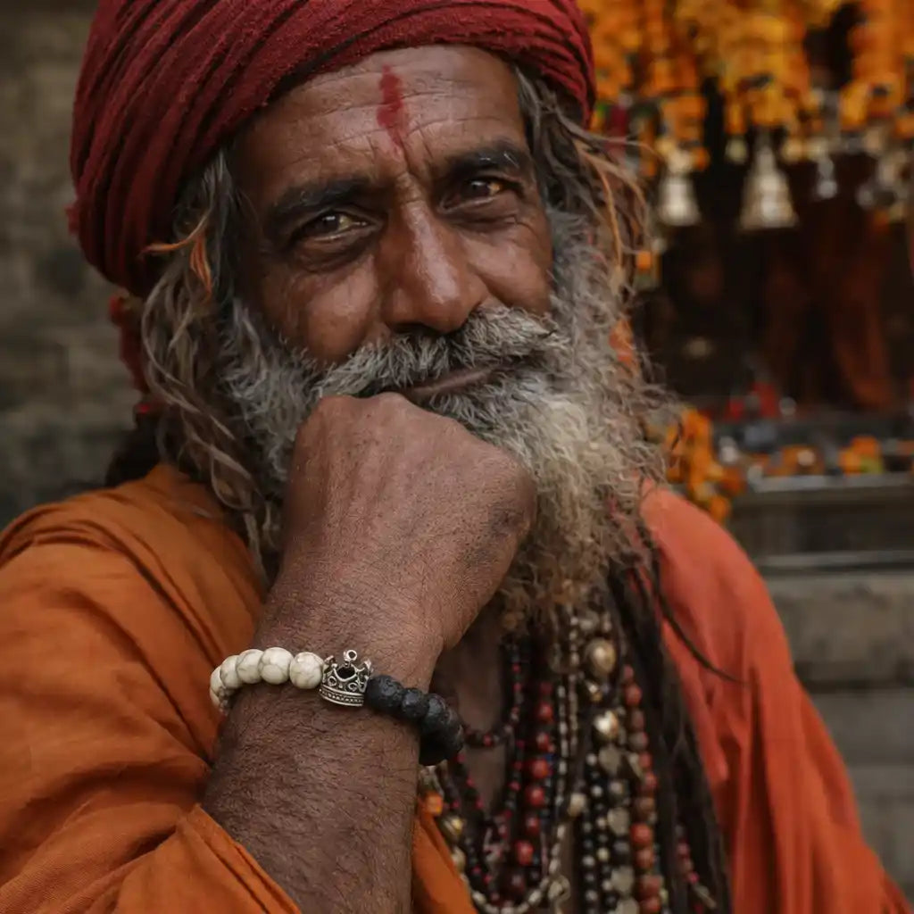 Man with a red turban and orange robes, surrounded by decorative elements.