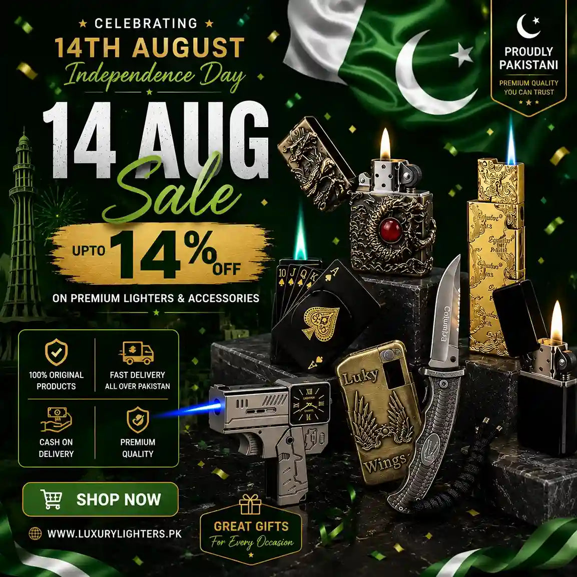 Promotional advertisement for a 14th August Independence Day sale at Luxury Lighters, showcasing an assortment of premium engraved metal pocket lighters and accessories in gold, silver, and black, set against a dark green background with Pakistani flags and festive confetti.