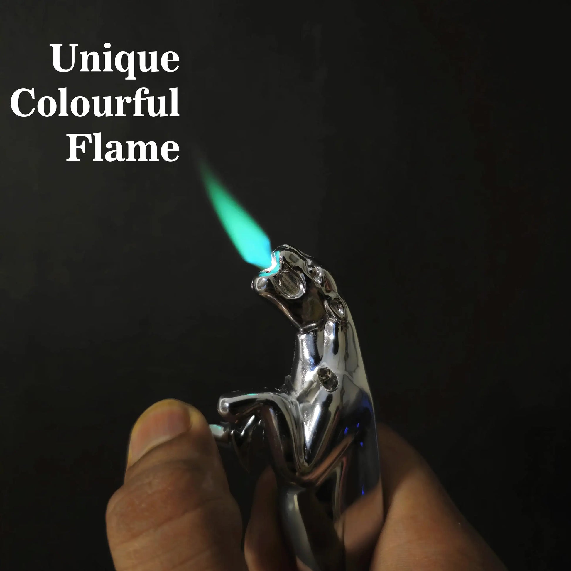Metallic lighter with a unique colorful flame on a dark background