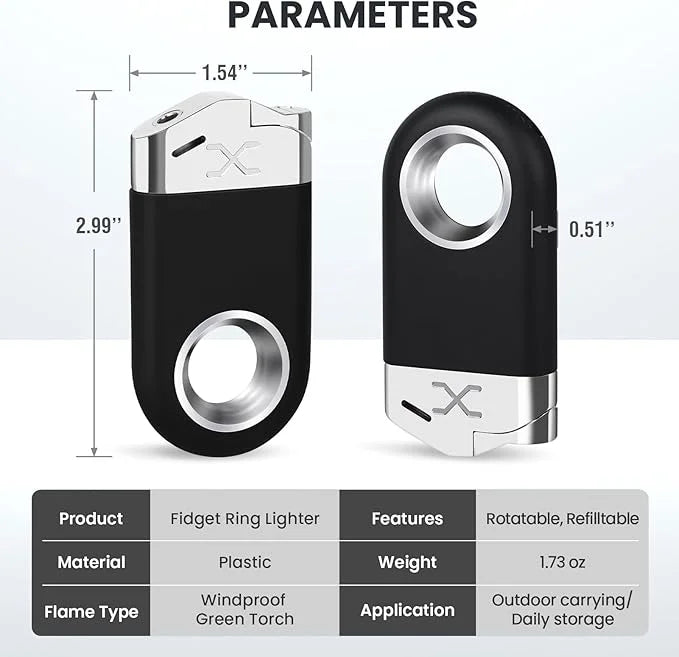 Fidget ring lighter with dimensions and features displayed on a white background