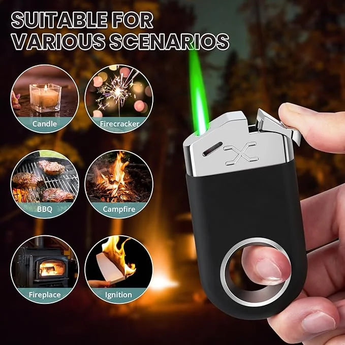 Black lighter being used with various scenarios depicted around it.