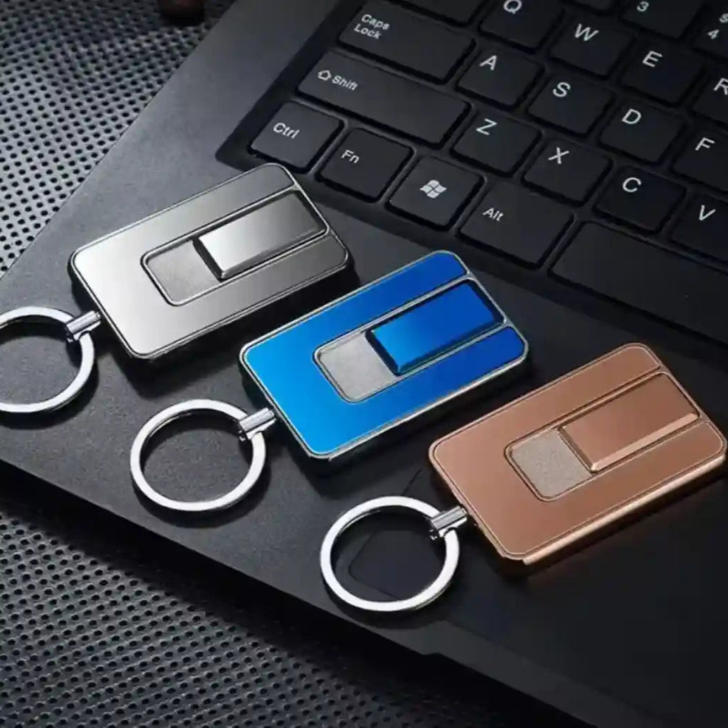 Metallic keychain Lighter with a rectangular design on a white background