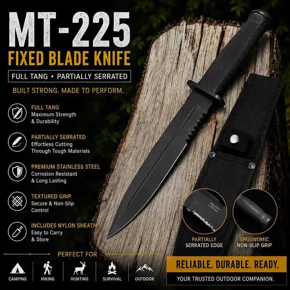 Fixed blade knife with sheath on a wooden background, featuring text about knife specifications and uses.