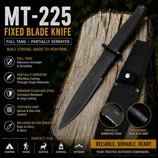 Fixed blade knife with sheath on a wooden background, featuring text about knife specifications and uses.