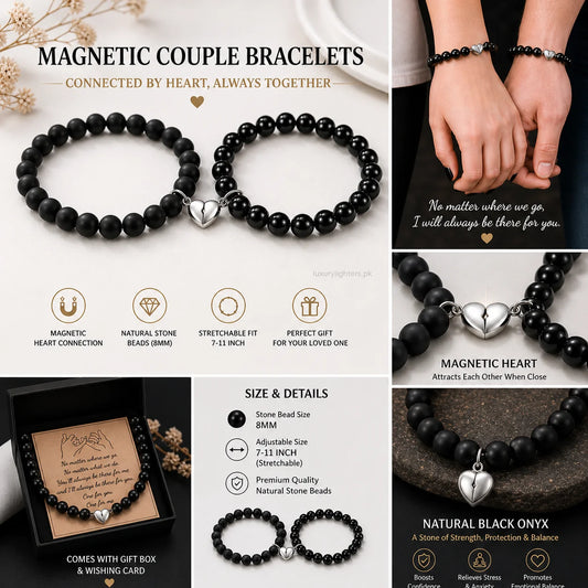 Magnetic couple bracelets with heart charm, displayed with packaging and text.