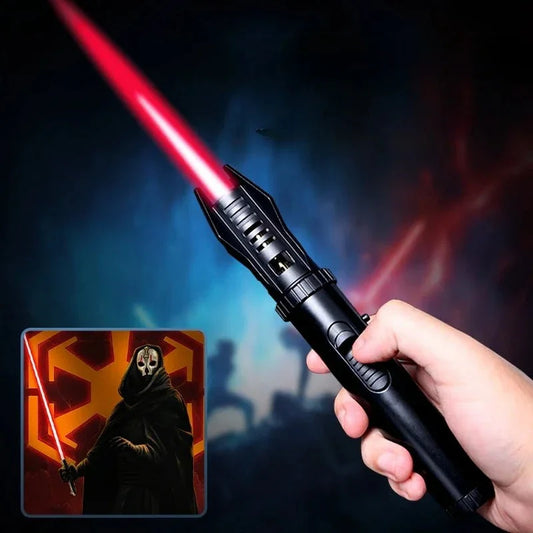 Hand holding a black lightsaber with red blade against a dark background