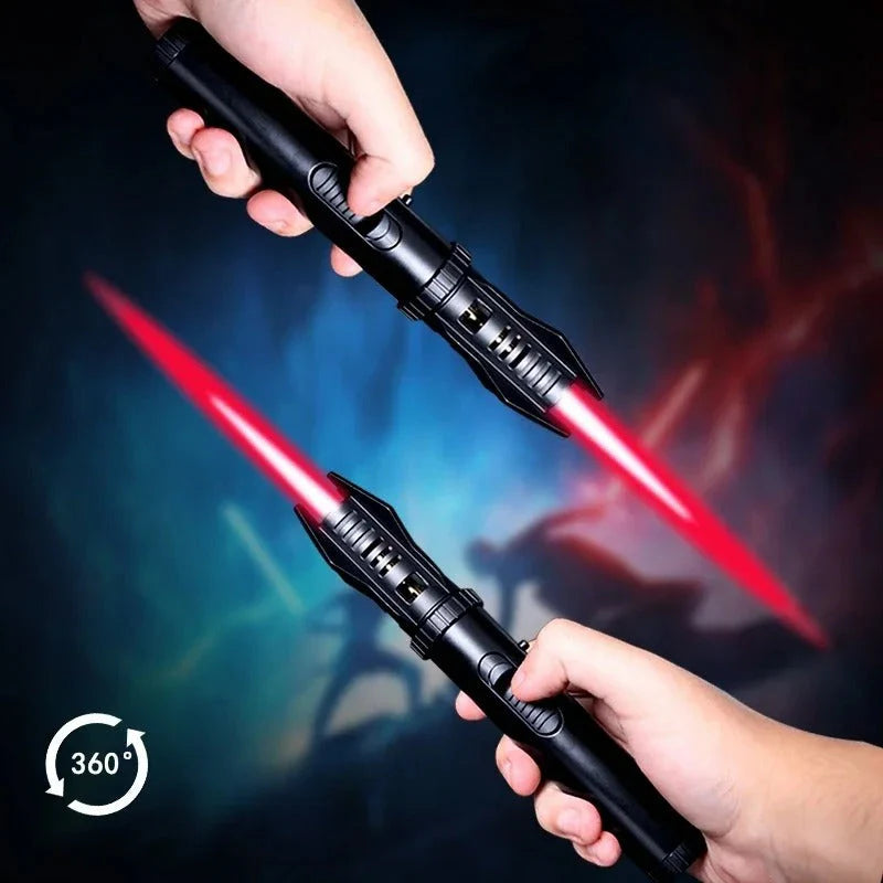 Two hands holding black lightsabers with red Flame against a dark background.