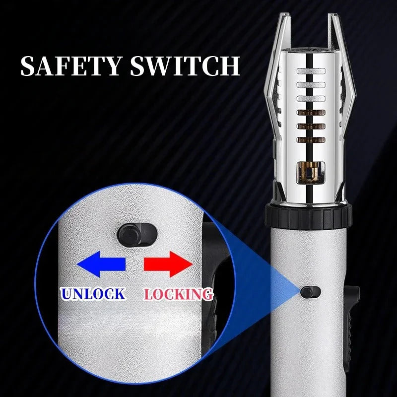 Metal Lighter with safety switch mechanism on a black background