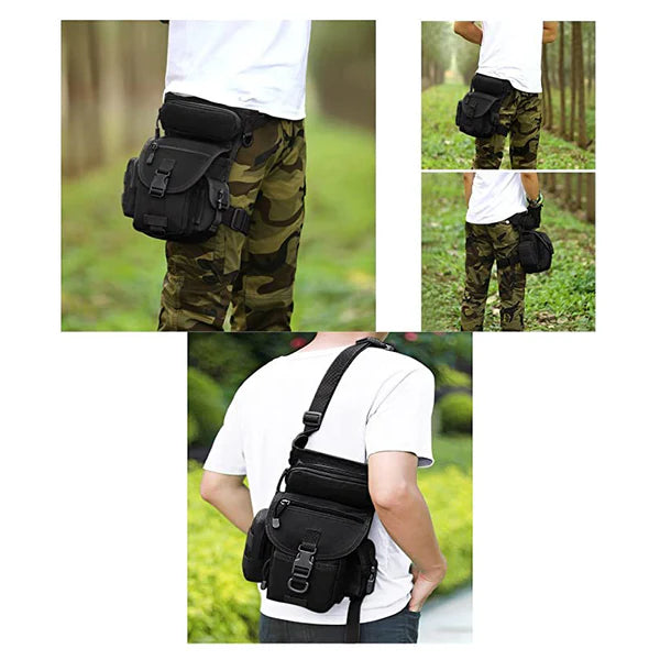 men wearing leg bag in forest