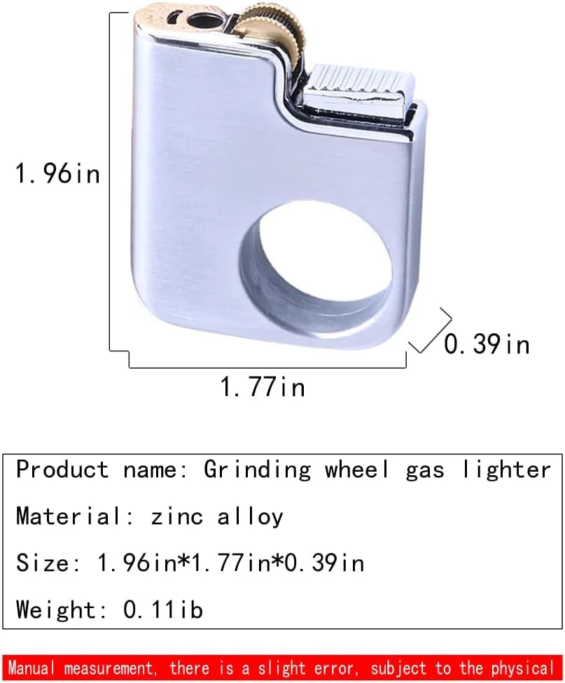 Grinding wheel gas lighter with dimensions and material details on a white background