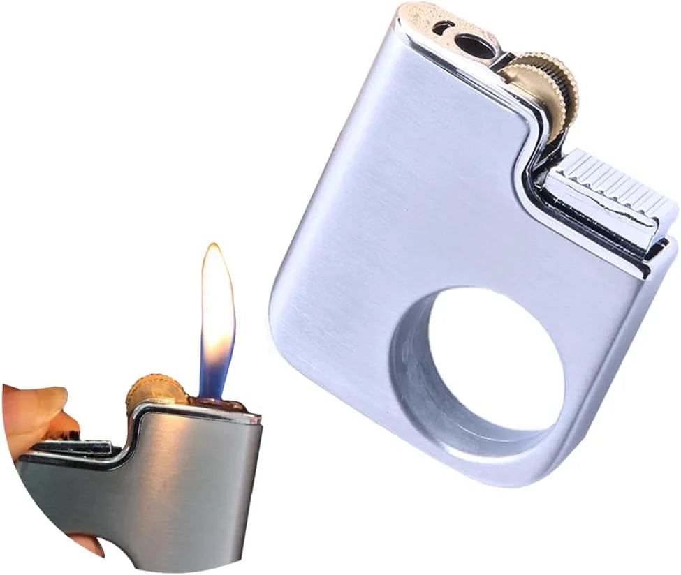 Cigar lighter with a lit candle and a close-up of the lighter on a white background
