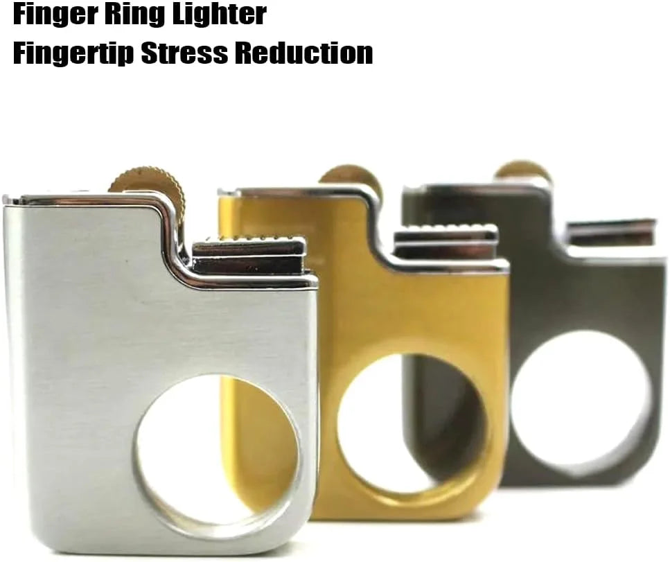 Three finger ring lighters in silver, gold, and black on a white background with text 'Finger Ring Lighter' and 'Fingertip Stress Reduction'.