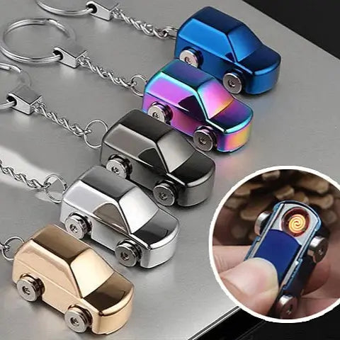 Metallic car-shaped keychains lighter in various colors on a gray surface.