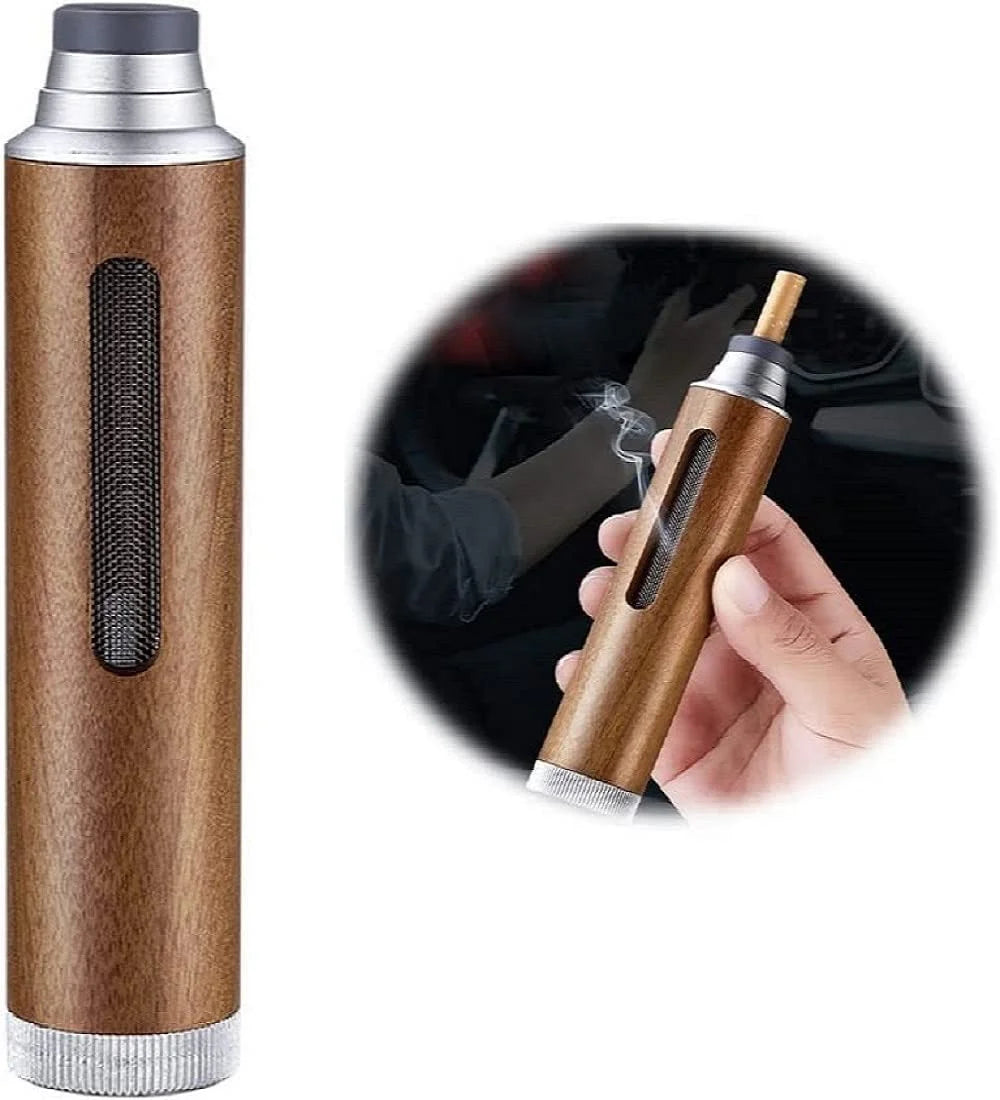 Wooden portable mini car ashtray with close-up of hand holding it on a white background