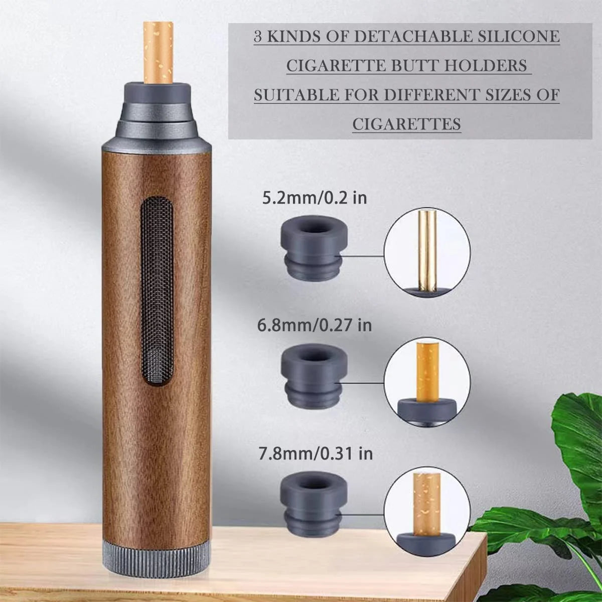 Wooden cigarette holder with detachable silicone butt holders on a gray background