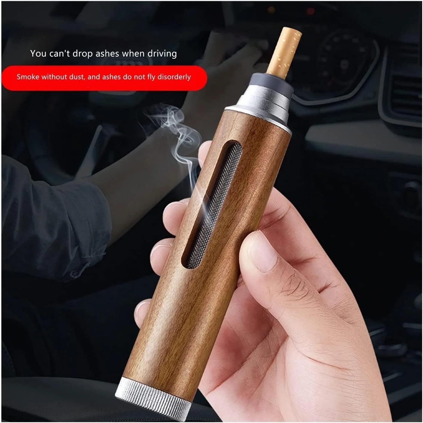 Wooden portable mini car ashtray held in a hand with text about driving and smoking.